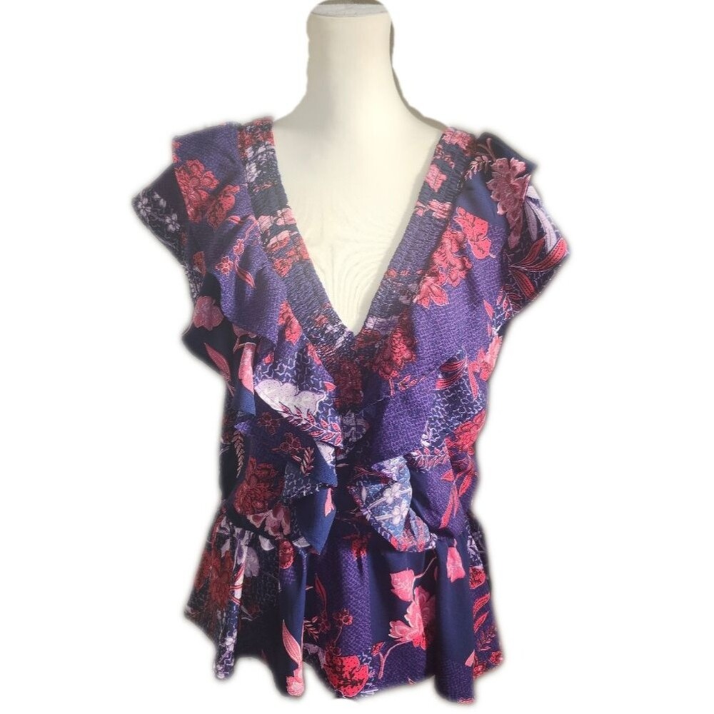 Sofia Jeans By Sofia Vergara, Blue & Red Floral Peplum Blouse, V-neck, S